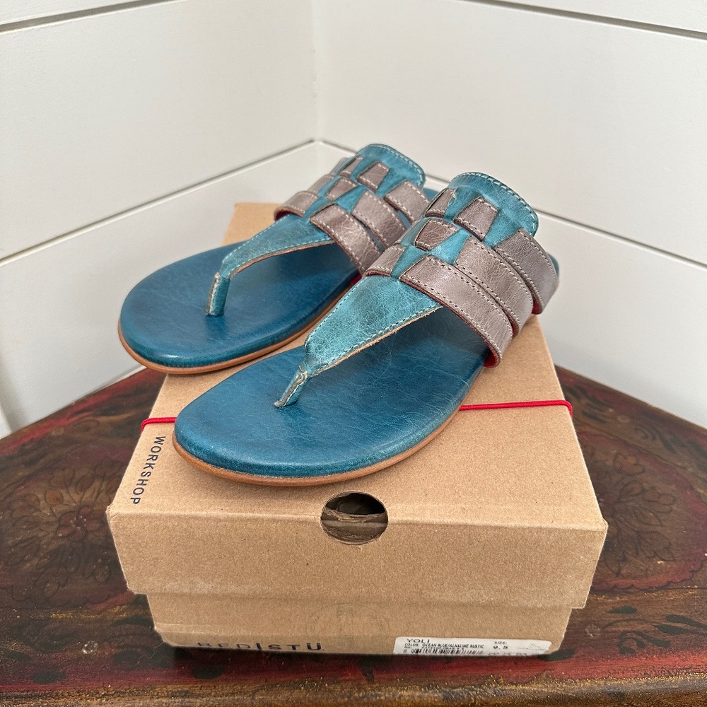 BED|STU Teal and Gray Leather Woven Thong Sandals